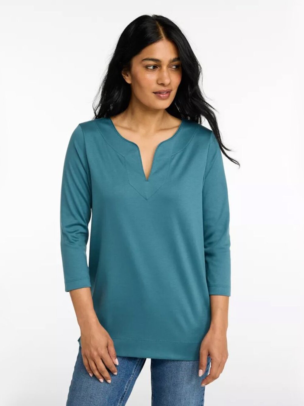 L.L.Bean 100% Supima Cotton Tee 3/4 Sleeve Splitneck Tunic Size M Blue